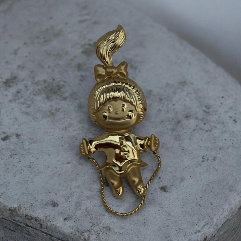 Gold Girl Jump Rope Brooch Pin - Polished Gold Tone